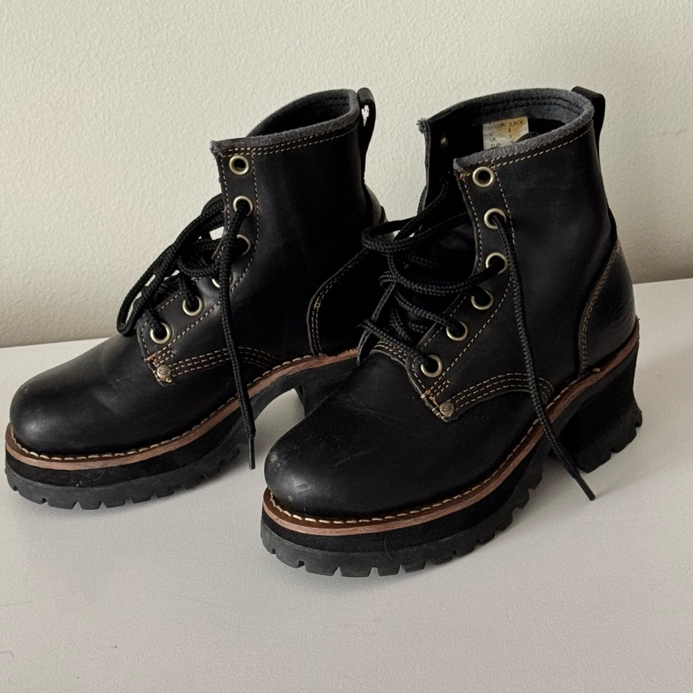 Vintage 90s Skechers Black Leather Chunky Platform Combat Boots Grunge Y2K - 6